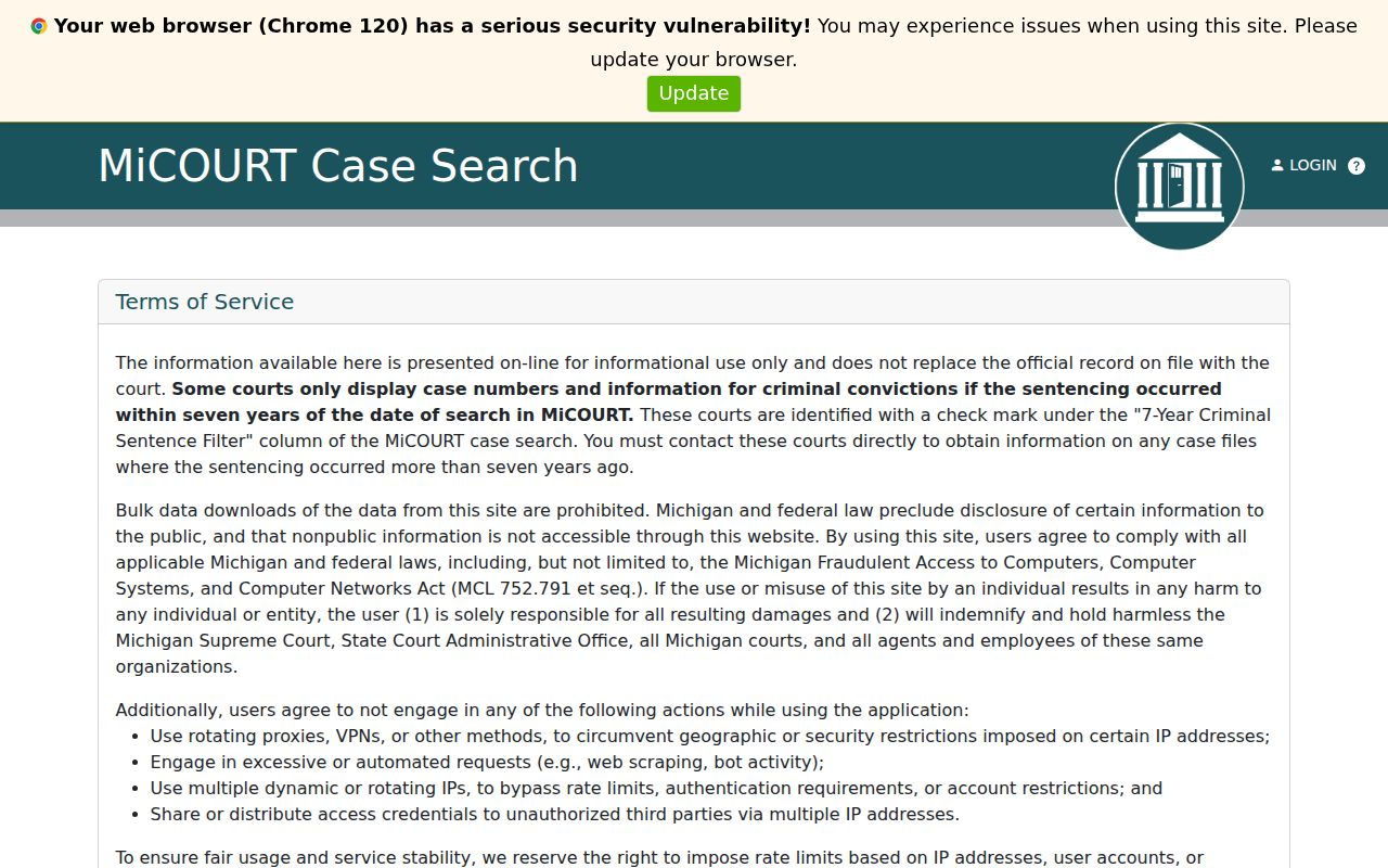 Blank MiCOURT case search form for the 57th District Court in Allegan County