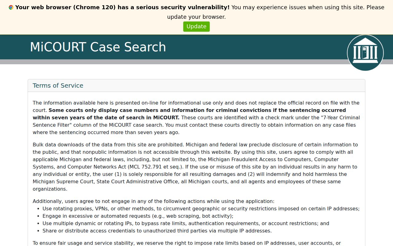MiCOURT informational-use terms page listing restricted record categories for Allegan County searches