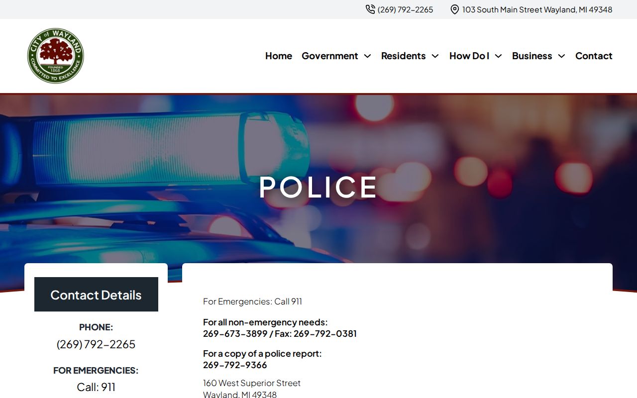 Wayland Police Department facility and contact page for Wayland warrant records