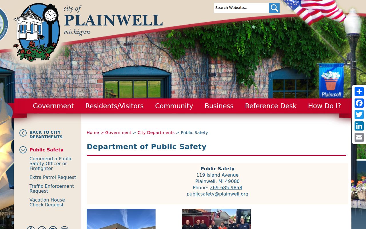 Plainwell Department of Public Safety building and contact page for Plainwell warrant records