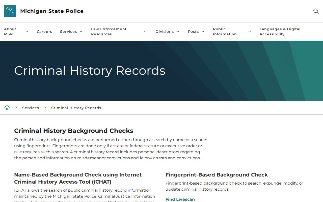 Michigan State Police criminal history page stating that warrant information is excluded