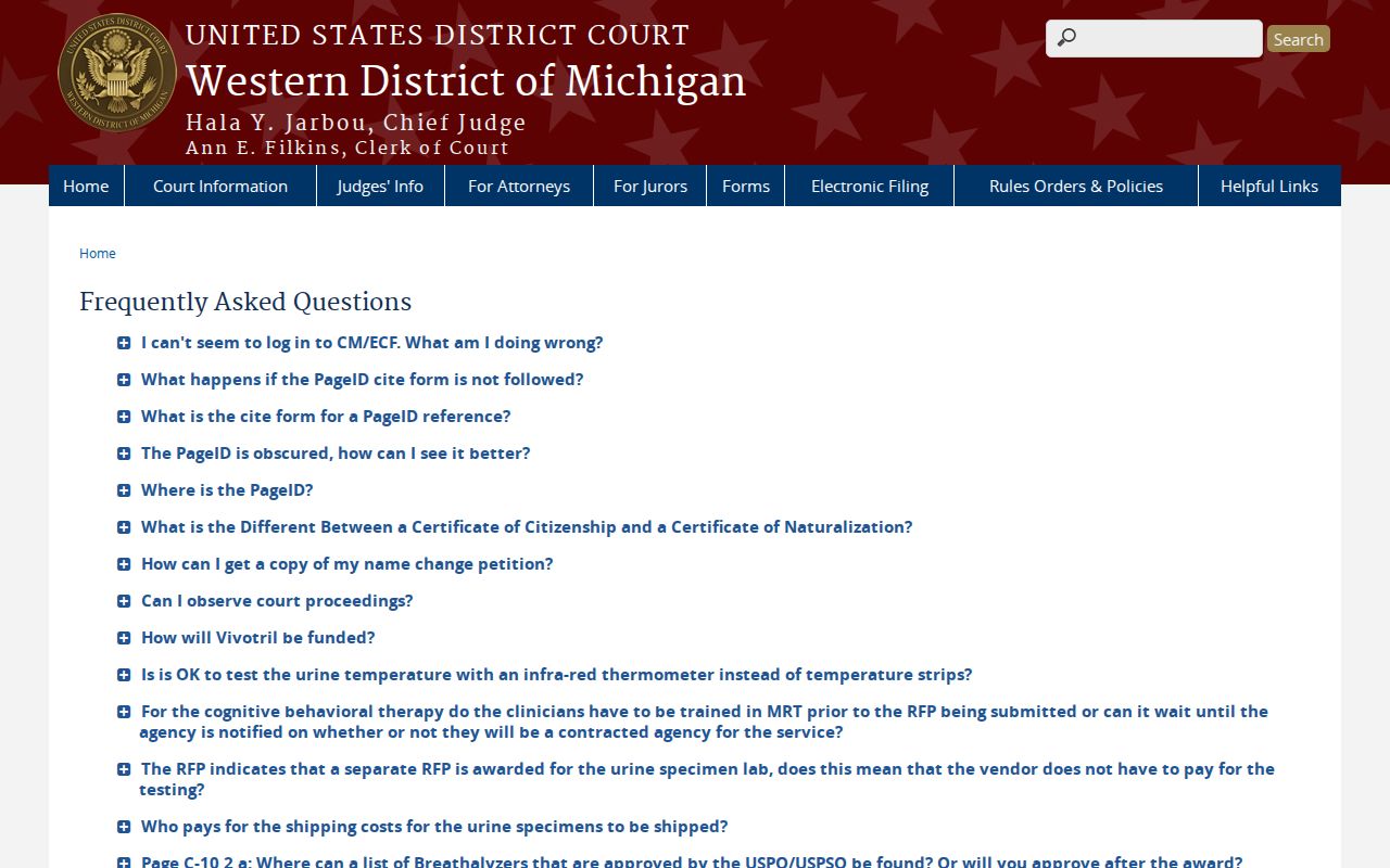 Federal court division assignment page listing Allegan County in the Kalamazoo Southern Division